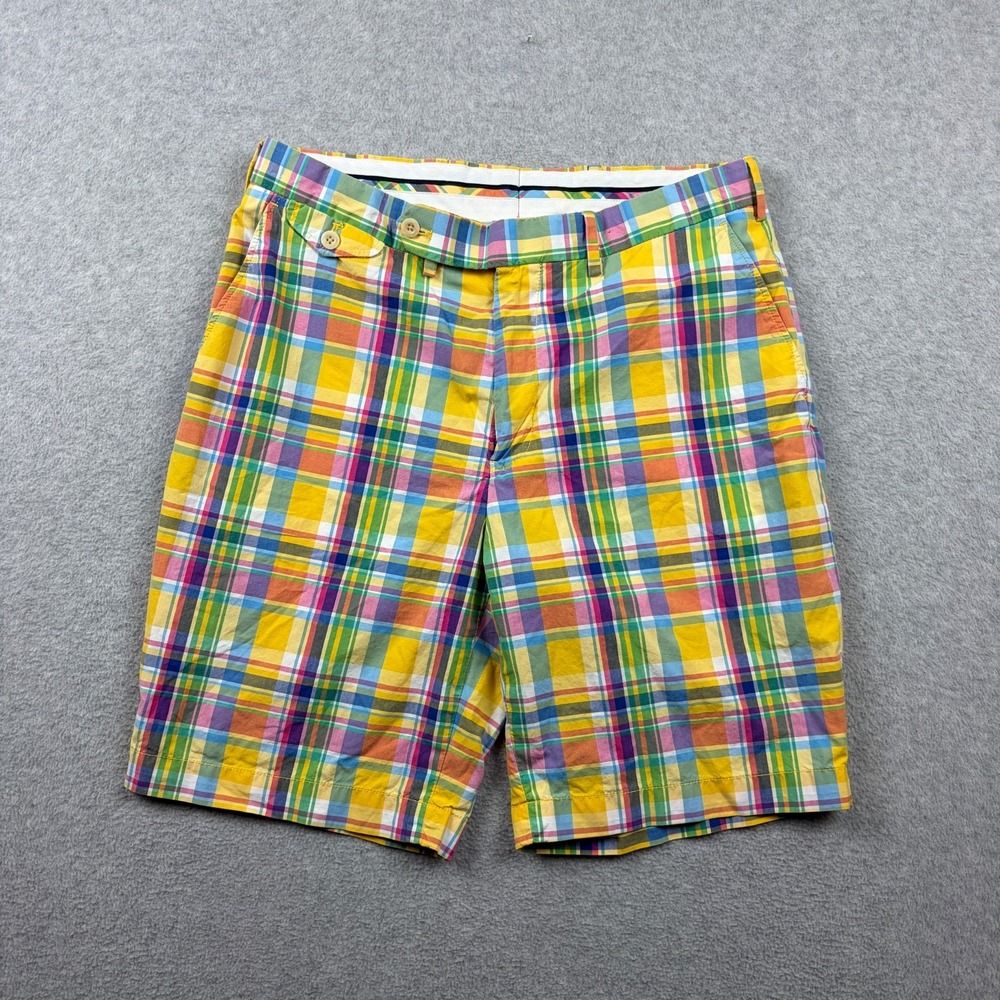 Polo Golf Ralph Lauren Shorts Mens 34 Yellow Plaid Flat Front Preppy Loud Cotton